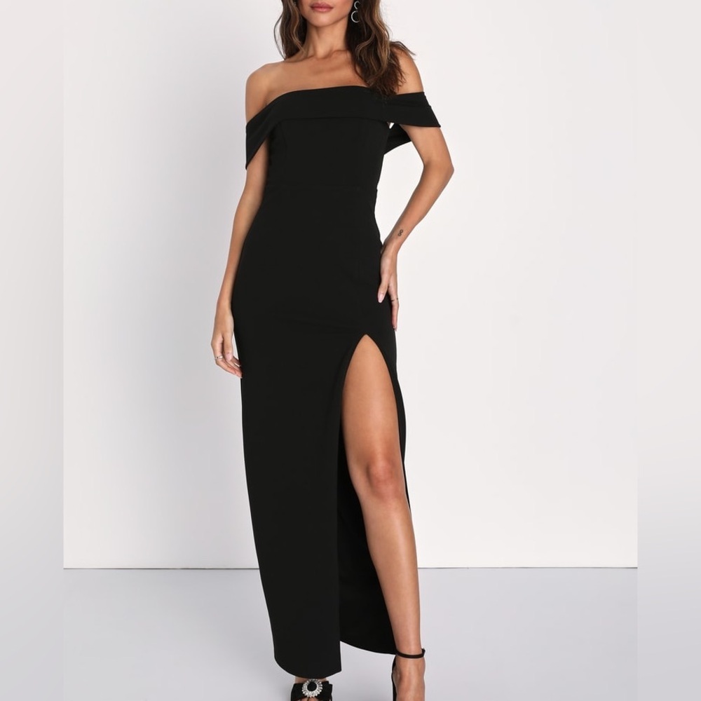 NWT Lulus Enchanting Romantic Black Off the Shoulder Slit Maxi Dress XS